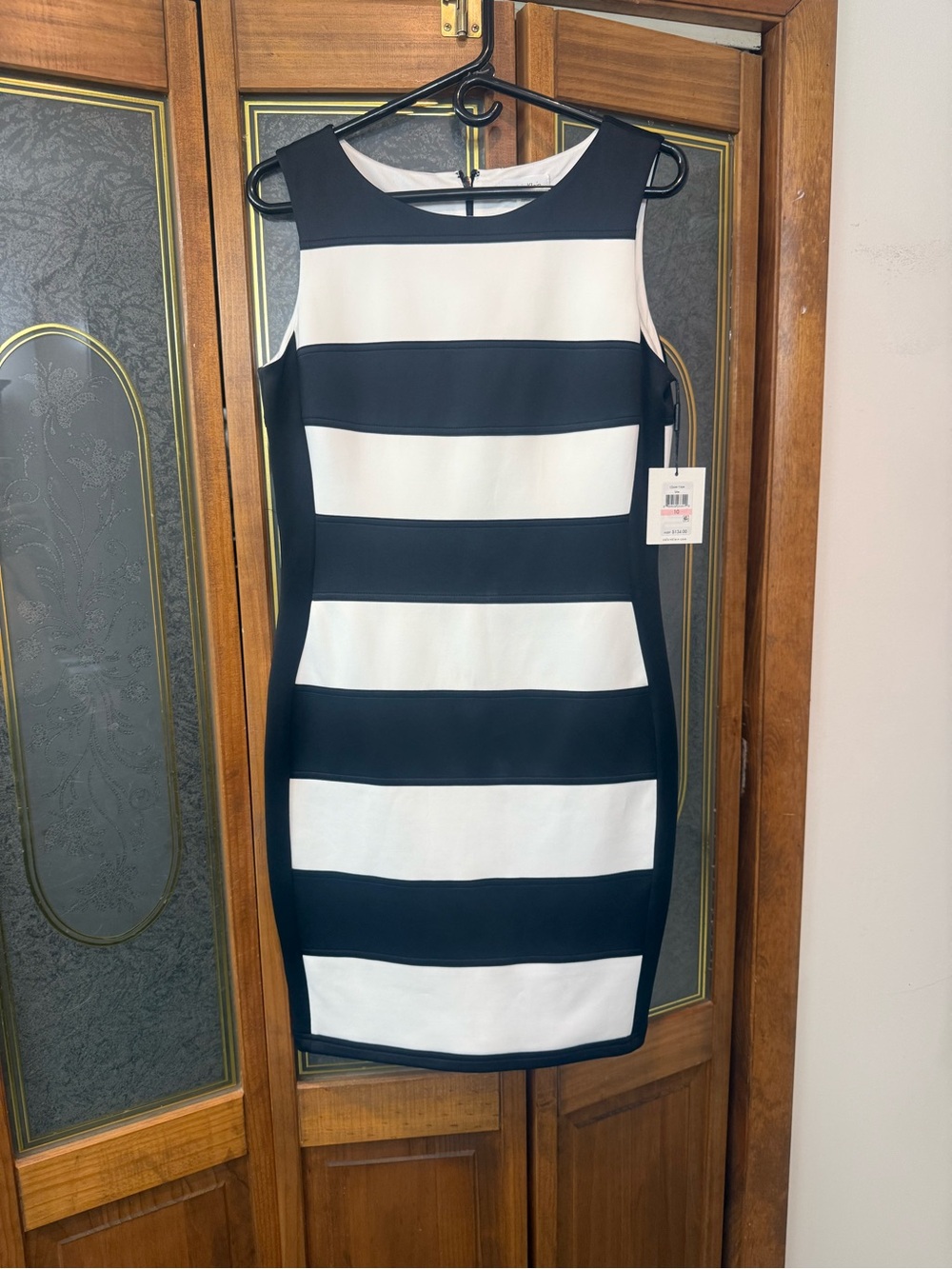 CALVIN KLEIN LADIES Black & White Striped Sheath Dress, BRAND NEW